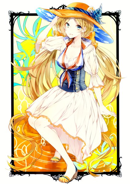 Anime picture 1500x2121 with orangina aoray single long hair tall image looking at viewer blush open mouth blue eyes blonde hair sitting twintails barefoot light smile adjusting hat flag print france girl dress hair ornament