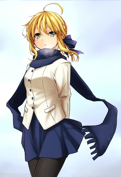 Anime picture 680x1000 with fate (series) fate/stay night type-moon artoria pendragon (all) saber harino646 single tall image looking at viewer blush short hair blonde hair simple background standing green eyes ahoge braid (braids) wind hands behind back exhalation