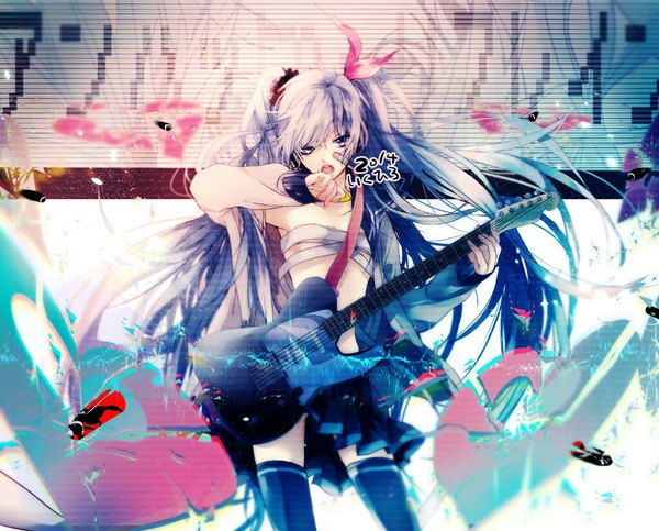 Anime picture 1024x826 with vocaloid hatsune miku ikuhiro (19nnnkti16) single long hair looking at viewer open mouth purple eyes twintails bare shoulders purple hair pleated skirt bare belly bandaid on face girl thighhighs skirt bow ribbon (ribbons) hair bow