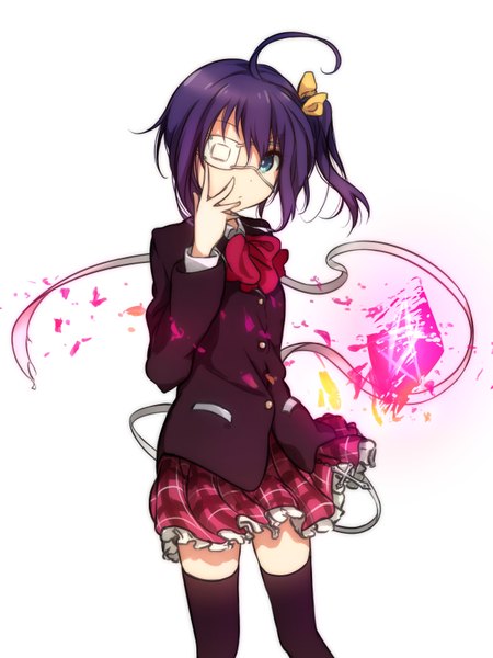 Anime picture 1200x1600 with chuunibyou demo koi ga shitai! kyoto animation takanashi rikka pachi (sugiyama0306) single tall image short hair blue eyes simple background white background looking away purple hair ahoge one side up girl thighhighs uniform black thighhighs school uniform eyepatch