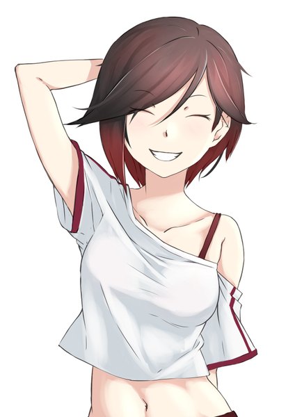 Anime picture 1240x1754 with rwby rooster teeth ruby rose cat like it single tall image blush fringe short hair simple background smile hair between eyes brown hair white background bare shoulders upper body red hair eyes closed multicolored hair two-tone hair
