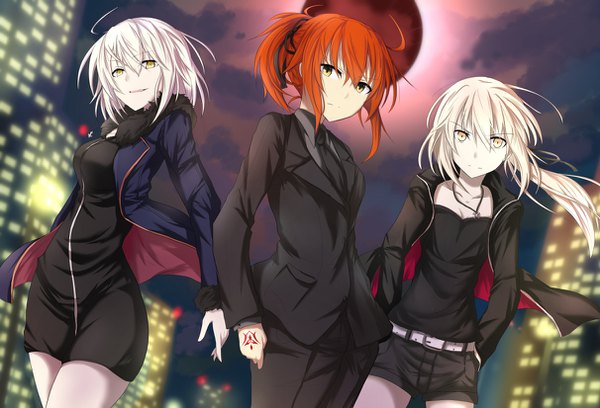 Anime picture 1212x826 with fate (series) fate/grand order fate/stay night fate/apocrypha artoria pendragon (all) jeanne d'arc (fate) (all) jeanne d'arc alter (fate) saber alter fujimaru ritsuka (female) ram hachimin long hair looking at viewer fringe short hair open mouth blonde hair smile hair between eyes multiple girls yellow eyes