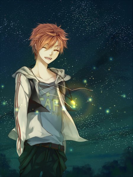 Anime picture 1037x1382 with original matsunaka hiro single tall image short hair open mouth smile brown hair eyes closed night sky hands in pockets boy plant (plants) tree (trees) belt pendant star (stars) jeans