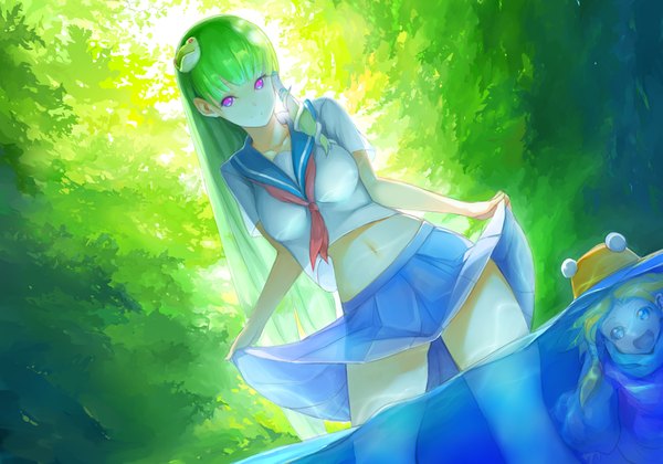 Anime picture 1000x700 with touhou kochiya sanae moriya suwako kyokucho long hair looking at viewer purple eyes green hair underwater river girl skirt navel hair ornament hat water serafuku hair tubes