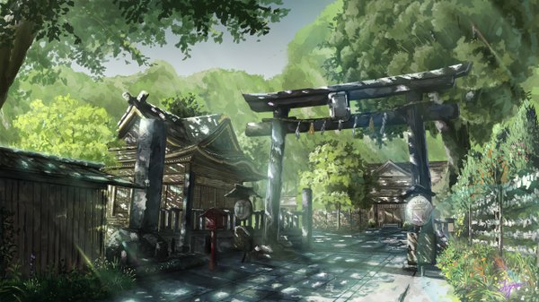 Anime picture 1280x720 with original niko p wide image no people landscape scenic flower (flowers) plant (plants) tree (trees) building (buildings) torii bushes shrine