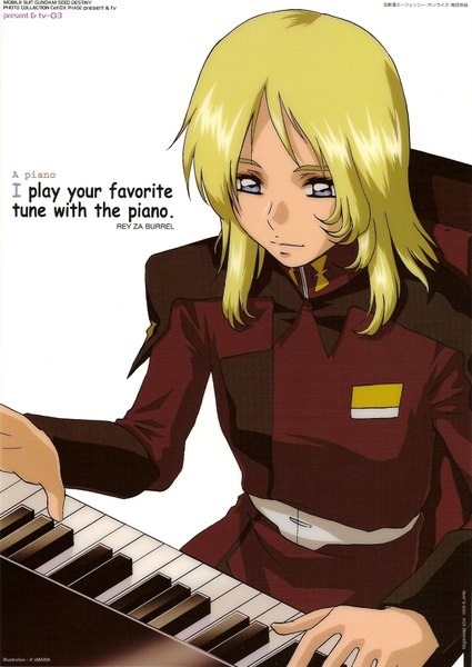 Anime picture 1428x2014 with mobile suit gundam gundam seed destiny sunrise (studio) rey za burrel tall image short hair blue eyes blonde hair white background scan inscription boy uniform military uniform piano