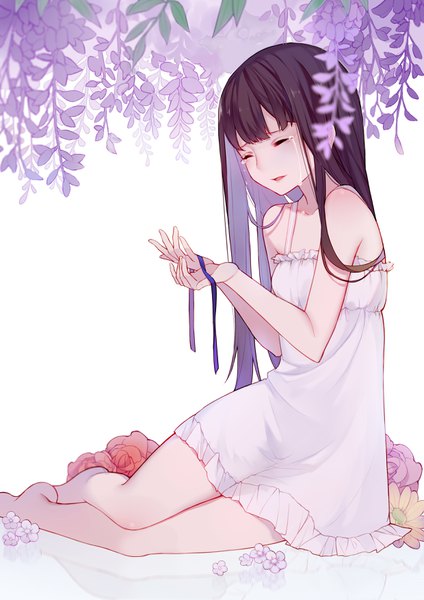 Anime picture 2480x3507 with original slyvia single long hair tall image looking at viewer highres black hair simple background white background sitting bare shoulders eyes closed parted lips barefoot light smile bare legs tears reflection crying