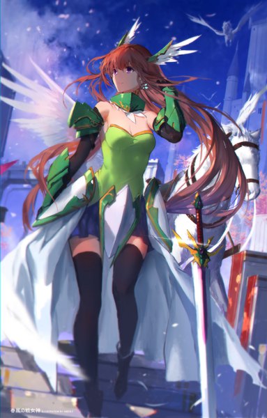 Anime picture 1812x2835 with venus blood tyrca (venus blood) swd3e2 single long hair tall image fringe highres breasts hair between eyes brown hair standing purple eyes looking away sky cleavage full body outdoors light smile blurry