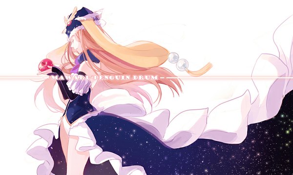 Anime picture 1000x600 with mawaru penguindrum takakura himari princess of the crystal aile (crossroads) single long hair blonde hair wide image sky eyes closed sleeveless double exposure girl gloves hair ornament hat wings elbow gloves bowtie fingerless gloves