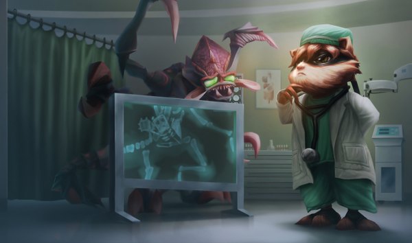 Anime picture 1215x717 with league of legends kennen (league of legends) cho'gath (league of legends) wide image brown eyes official art no people doctor mask suit monster stethoscope hospital