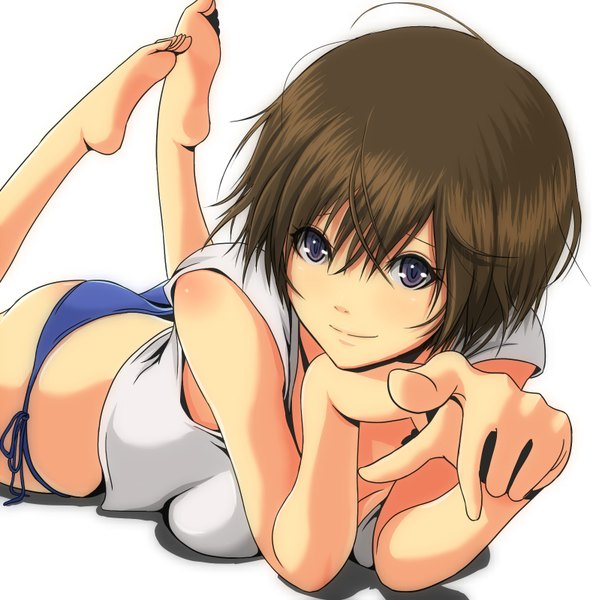 Anime picture 1580x1600 with original girigiri (artist) single tall image looking at viewer short hair light erotic simple background brown hair white background lying light smile black eyes on stomach pointing girl underwear panties