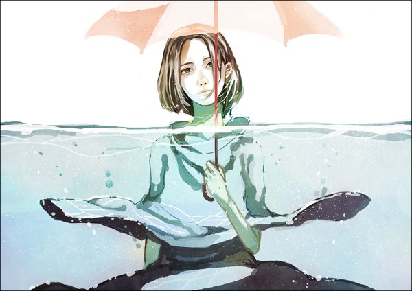 Anime picture 1000x707 with original pege (artist) single looking at viewer short hair brown hair brown eyes transparent umbrella girl water umbrella bubble (bubbles)