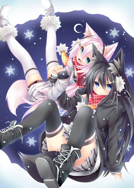 Anime picture 2591x3624 with original chabaneko long hair tall image blush highres open mouth blue eyes black hair multiple girls animal ears pink hair animal tail snowing convenient leg shared scarf girl thighhighs skirt black thighhighs