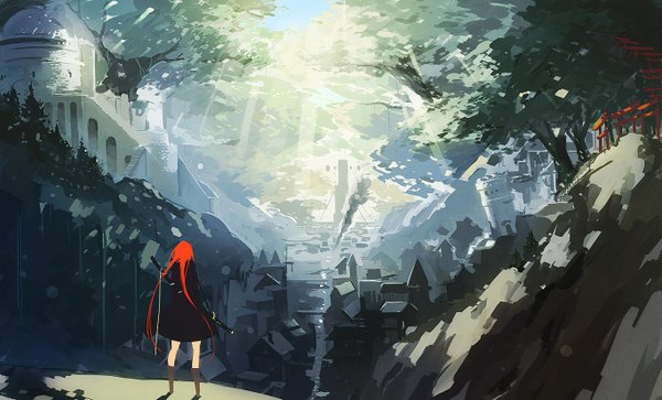 Anime picture 1365x827 with original pixiv fantasia pixiv fantasia new world lia-sama single long hair wide image twintails red hair city girl weapon plant (plants) sword tree (trees) katana building (buildings) cloak