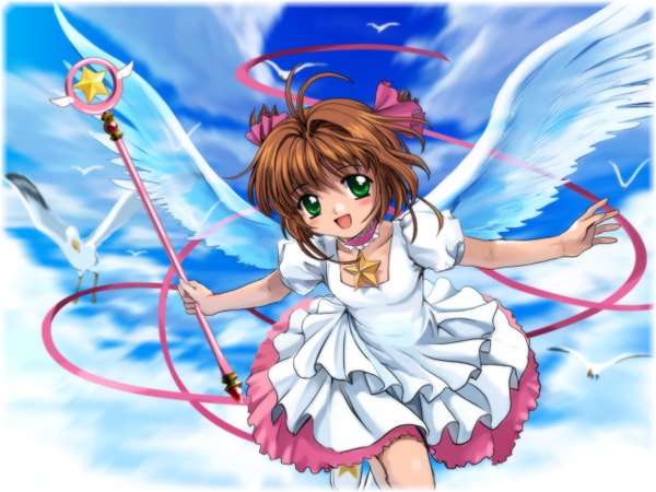 Anime picture 1280x960 with card captor sakura clamp kinomoto sakura mutsuki (moonknives) single looking at viewer blush fringe short hair open mouth brown hair holding green eyes sky cloud (clouds) short sleeves two side up happy spread arms flying