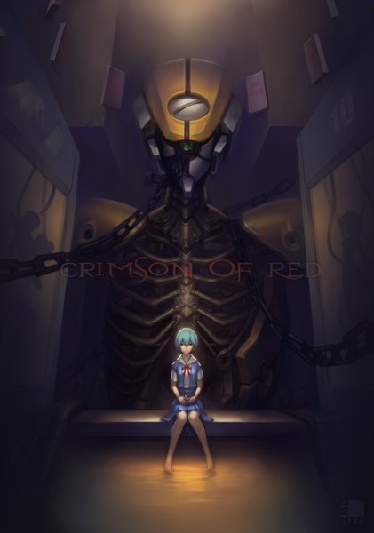 Anime picture 1124x1600 with neon genesis evangelion rebuild of evangelion gainax ayanami rei eva 00 nfb-zmc single tall image short hair red eyes sitting blue hair barefoot girl uniform school uniform water chain mecha