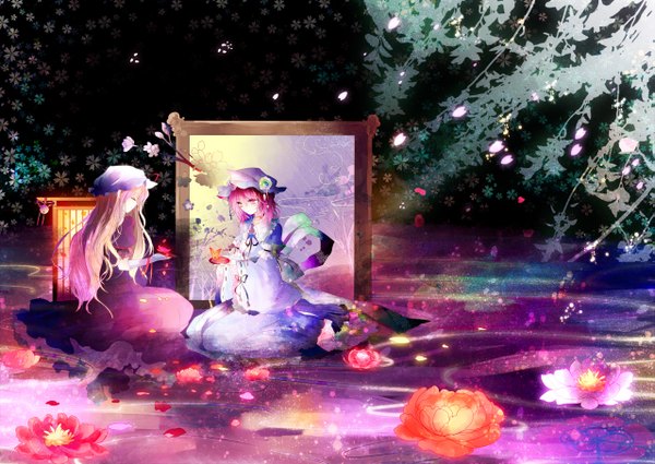 Anime picture 1277x906 with touhou yakumo yukari saigyouji yuyuko kazu (muchuukai) long hair short hair blonde hair sitting multiple girls pink hair pink eyes girl dress flower (flowers) 2 girls petals bonnet branch