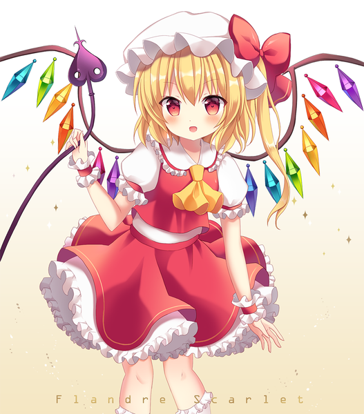 Anime picture 908x1035 with touhou flandre scarlet mayo (miyusa) single tall image blush fringe short hair open mouth blonde hair hair between eyes red eyes puffy sleeves character names one side up gradient background girl skirt weapon hat