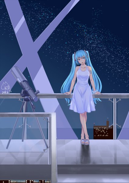 Anime picture 1500x2120 with vocaloid hatsune miku dongqing zaozigao single long hair tall image looking at viewer open mouth twintails aqua eyes aqua hair night girl dress hair ornament star (stars) sundress telescope
