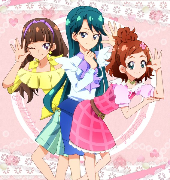 Anime picture 942x1000 with precure go! princess precure toei animation amanogawa kirara haruno haruka kaidou minami masako (sabotage-mode) long hair tall image fringe short hair blue eyes smile brown hair purple eyes bare shoulders multiple girls green eyes one eye closed hair flower