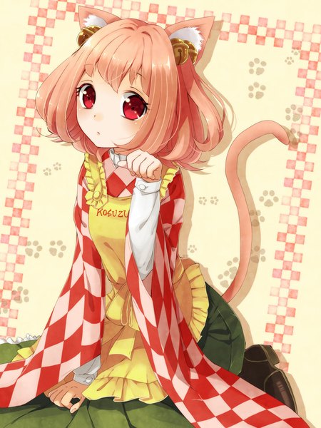 Anime picture 735x980 with touhou motoori kosuzu nunucco single tall image looking at viewer fringe short hair red eyes animal ears pink hair tail traditional clothes japanese clothes animal tail cat ears cat girl cat tail two side up character names