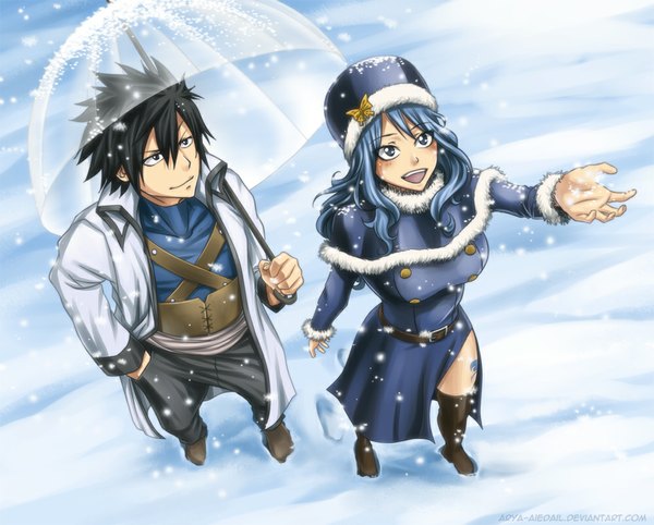 Anime picture 1000x804 with fairy tail gray fullbuster juvia lockser arya-aiedail long hair blush short hair open mouth blue eyes black hair smile blue hair from above black eyes tattoo couple snowing winter snow hand in pocket