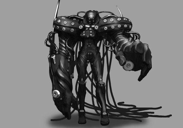 Anime picture 1280x898 with gantz gonzo oka hachirou masariro single simple background grey background boy armor bodysuit wire (wires) mecha