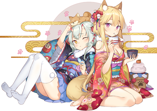 Anime picture 976x690 with original rie (reverie) long hair short hair breasts light erotic blonde hair white background sitting purple eyes multiple girls animal ears yellow eyes cleavage silver hair full body tail animal tail one eye closed barefoot