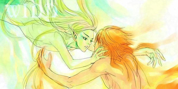 Anime picture 1000x500 with egosun (artist) long hair light erotic blonde hair wide image green eyes green hair pointy ears from behind orange hair couple hug back spread arms flying face to face shounen ai falling boy