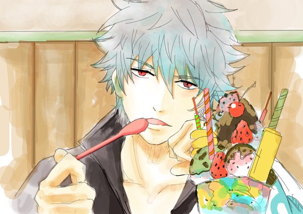 Anime picture 3508x2480 with gintama sunrise (studio) sakata gintoki single looking at viewer highres short hair red eyes absurdres silver hair eating boy food sweets tongue ice cream spoon