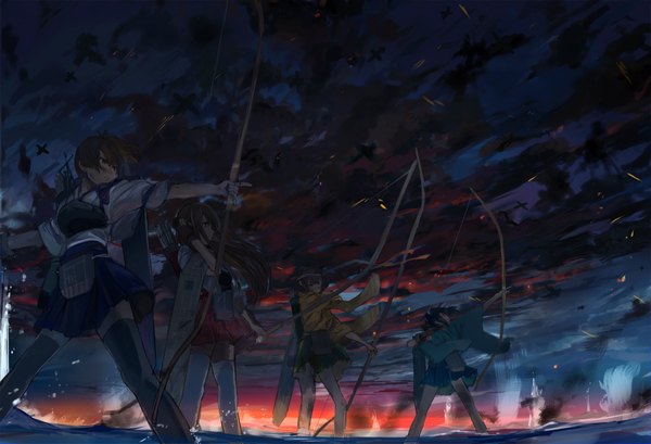 Anime picture 2100x1433 with kantai collection kaga aircraft carrier akagi aircraft carrier souryuu aircraft carrier hiryuu aircraft carrier ume (plumblossom) long hair highres short hair brown hair twintails multiple girls looking away sky cloud (clouds) ponytail traditional clothes japanese clothes wide sleeves side ponytail