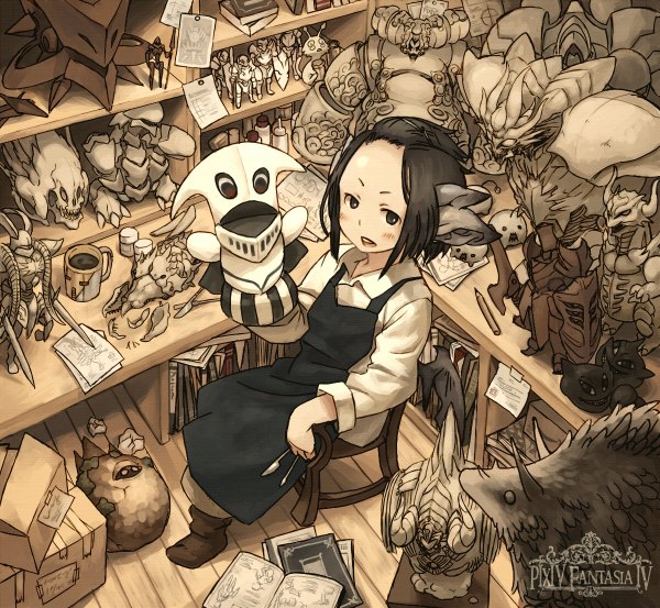 Anime picture 1200x1106 with original pixiv fantasia pixiv fantasia iv dog dog (artist) black hair horn (horns) girl apron chair skull shelf monster pen box figure