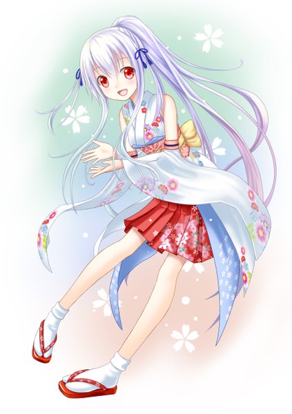 Anime picture 1748x2480 with original setona (daice) long hair tall image highres open mouth red eyes white hair ponytail japanese clothes girl skirt flower (flowers) detached sleeves miniskirt obi