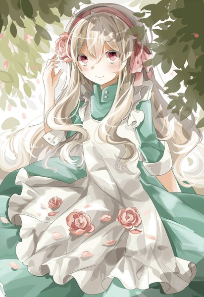 Anime picture 1200x1744 with kagerou project shaft (studio) mary (kagerou project) sumi mi single long hair tall image looking at viewer red eyes white hair light smile girl dress flower (flowers) bow rose (roses) leaf (leaves)