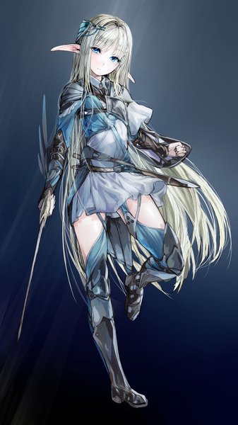 Anime picture 1080x1920 with original geppewi single tall image looking at viewer blue eyes blonde hair simple background holding very long hair pointy ears girl dress weapon sword armor sheath