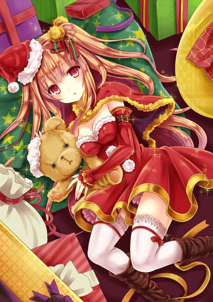 Anime picture 1240x1754 with original tamashiro single long hair tall image looking at viewer red eyes orange hair girl thighhighs dress bow hair bow hat detached sleeves white thighhighs boots toy stuffed animal gift