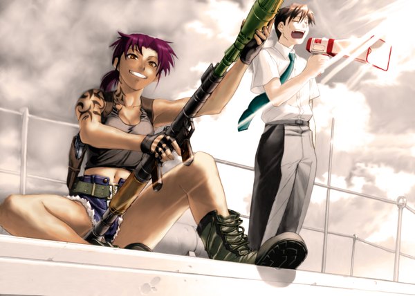 Anime picture 1961x1400 with black lagoon madhouse revy (black lagoon) okajima rokuro hiroe rei highres weapon boots gun rocket launcher rpg