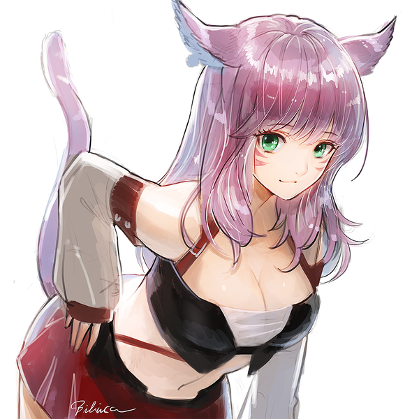 Anime picture 1024x1024 with final fantasy final fantasy xiv square enix miqo'te bibico single long hair looking at viewer fringe breasts light erotic simple background smile hair between eyes large breasts white background green eyes animal ears pink hair tail