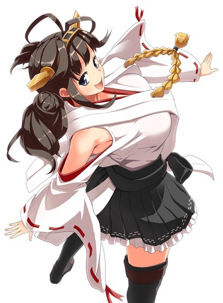 Anime picture 1345x1825 with kantai collection kongou battleship usotsuki penta single long hair tall image blush open mouth black hair simple background white background ahoge traditional clothes black eyes nontraditional miko girl skirt hair ornament detached sleeves thigh boots