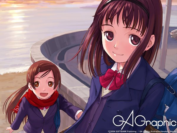 Anime picture 1024x768 with gagraphic naruko hanaharu long hair looking at viewer open mouth smile brown hair multiple girls brown eyes outdoors :d wallpaper low ponytail girl uniform 2 girls school uniform scarf sea bobby pin