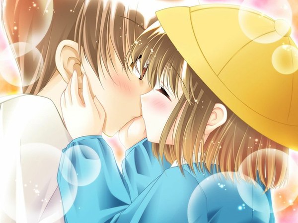 Anime picture 1024x768 with blush eyes closed kiss surprised hat bubble (bubbles) blouse