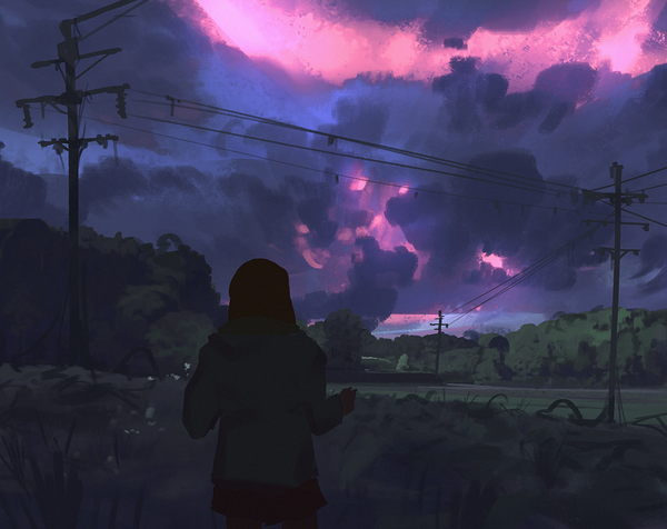 Anime picture 1200x952 with original snatti single sky cloud (clouds) from behind evening nature girl plant (plants) tree (trees) power lines