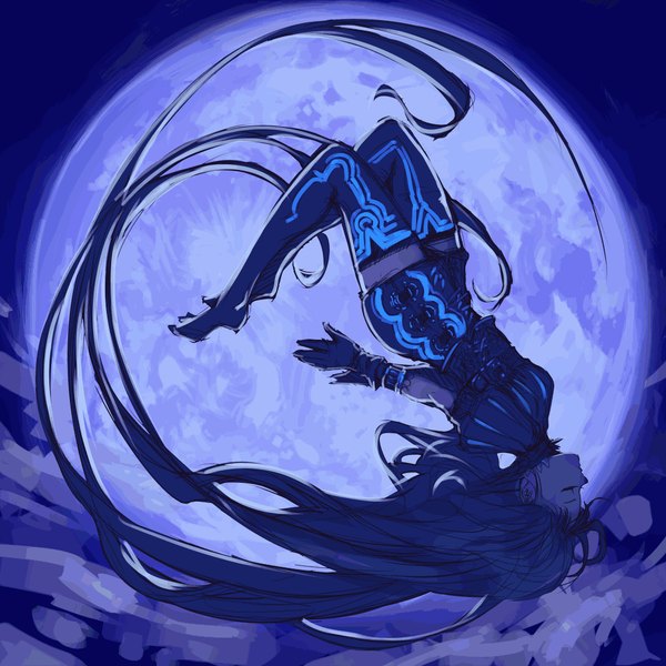Anime picture 1000x1000 with original kansou samehada single fringe looking away purple hair eyes closed very long hair night no shoes zettai ryouiki night sky flying purple background girl gloves black gloves moon full moon suit