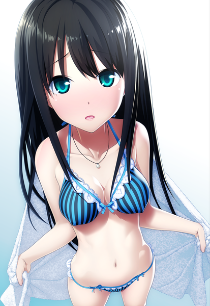Anime picture 2668x3873 with idolmaster idolmaster cinderella girls shibuya rin anma yado single long hair tall image fringe highres breasts open mouth light erotic black hair simple background standing holding cleavage aqua eyes from above :o