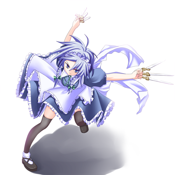 Anime picture 1310x1309 with touhou izayoi sakuya ina (inadahime) single short hair blue eyes simple background white background blue hair braid (braids) maid girl thighhighs weapon black thighhighs headdress maid headdress apron knife dagger