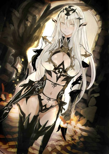 Anime picture 1024x1448 with original ricci single long hair tall image breasts light erotic smile large breasts white hair pointy ears grey eyes cleavage cutout dark elf girl thighhighs gloves navel black gloves headdress