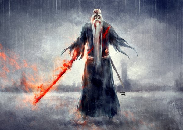 Anime picture 2322x1650 with bleach studio pierrot yamamoto genryuusai shigekuni nanfe single highres signed torn clothes scar rain bald old man boy weapon sword water katana blood sheath fire