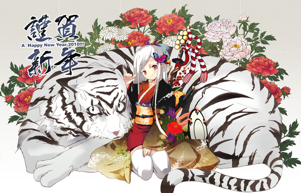 Anime picture 1100x709 with masato takashina (artist) long hair red eyes white hair japanese clothes new year happy new year nengajou 2010 girl thighhighs hair ornament flower (flowers) animal white thighhighs insect butterfly butterfly hair ornament yukata tiger