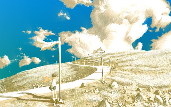 Anime picture 1280x800 with emukami short hair wide image cloud (clouds) wind landscape scarf