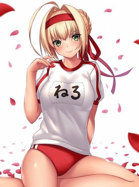 Anime picture 1036x1400 with fate (series) fate/grand order nero claudius (fate) (all) nero claudius (fate) takanashi-a single tall image looking at viewer blush fringe short hair light erotic blonde hair smile white background sitting green eyes ahoge olympian bloomers girl